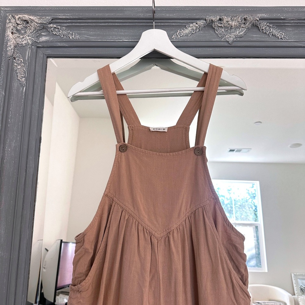 Kori Tan Linen Wide Leg Overalls Jumpsuit Chore Granola Baggy Boho Coastal S - Picture 3 of 9
